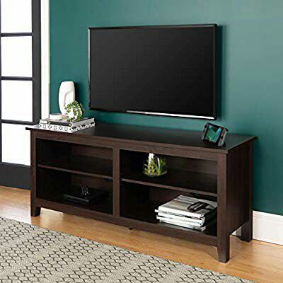 WE Furniture Minimal Farmhouse Wood Universal Stand for TV's up to 64" Flat Screen Living Room Storage Shelves Entertainment Center, 58 Inch