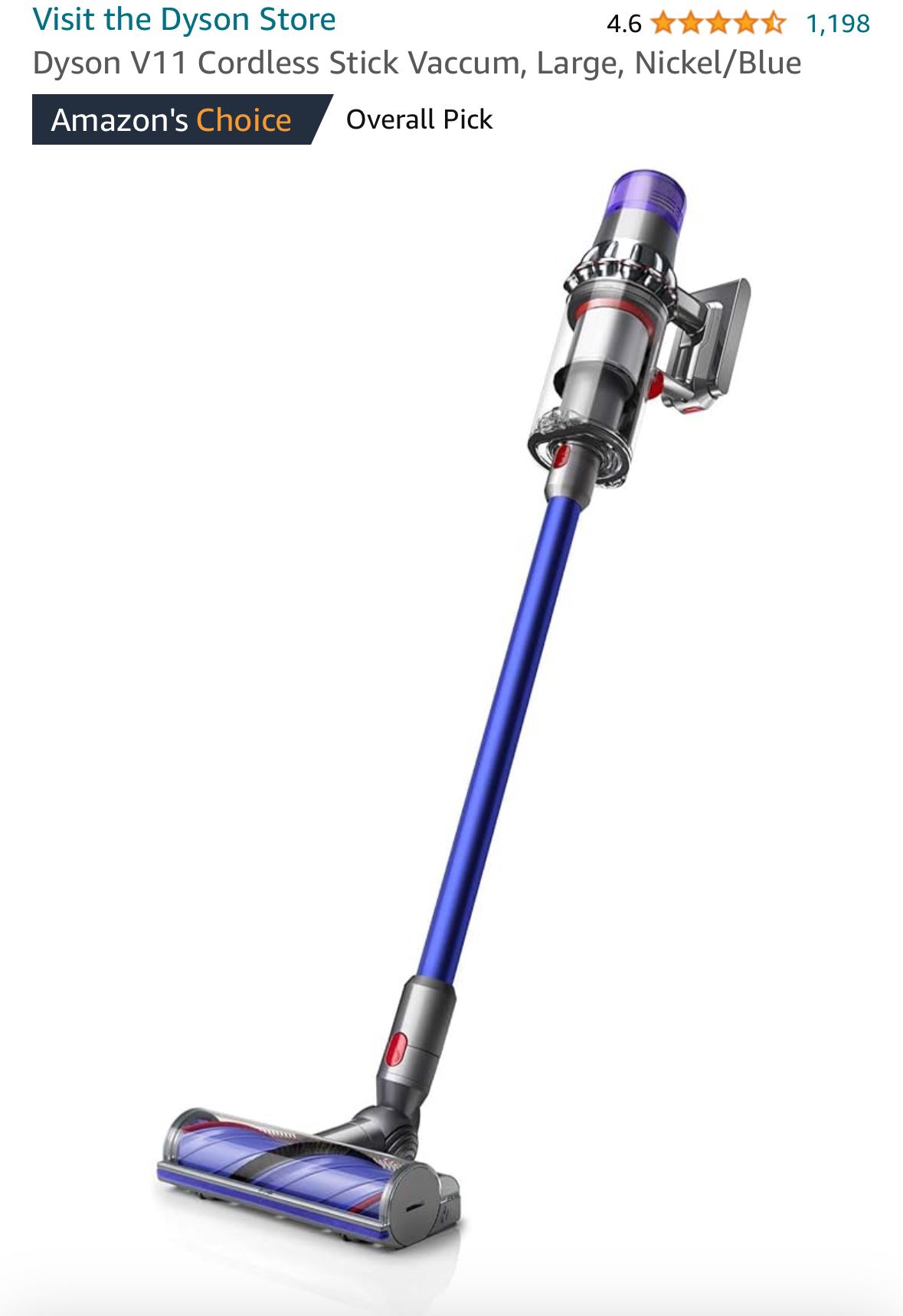 Dyson V11 Cordless Stick Vaccum, Large, Nickel/Blue