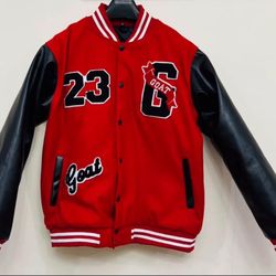 Men’s Varsity Jacket - Red & Black - GOAT 23 Patch - Retro Letterman Bomber