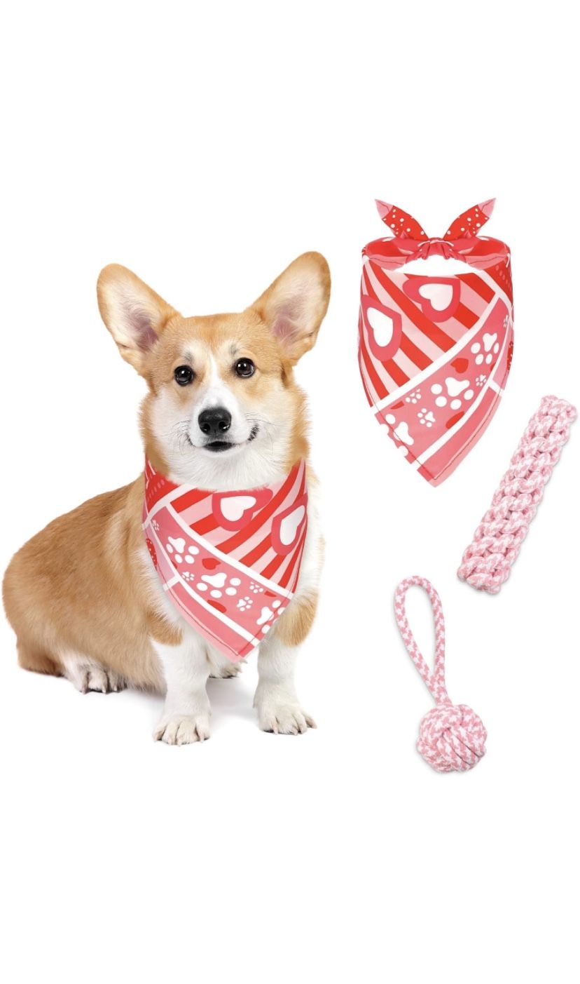 Valentine's Day Dog Toys and Bandanna Set 3 Pack Puppy Chew Toys and Bandanna Pet Dog