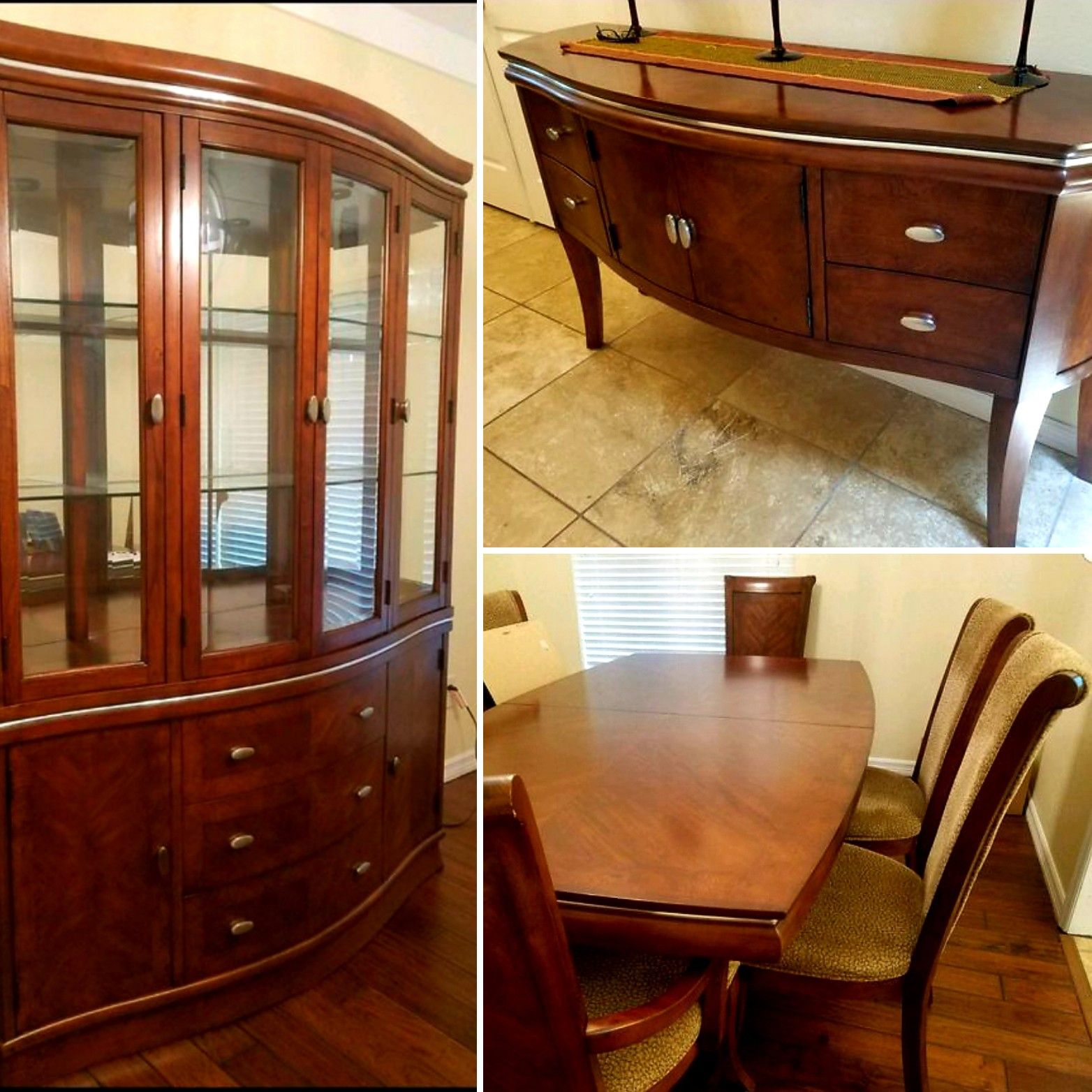 Solid wood brown dining set: table/6 chairs, hutch/cabinet, and front hallway console table