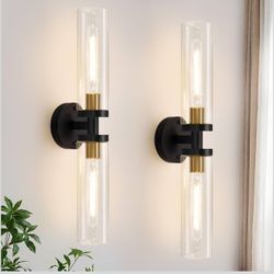 Wall Sconces Set of Two, Black and Gold Bathroom Sconces Wall Lighting with Clear Glass, Modern Sconces Wall Decor Set of 2 Wall Light fixtures