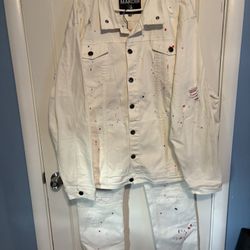 NEW!! Makobi Jean Set - White Paint Splatter Design (jacket size 4XB / pants 44x33)
