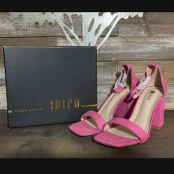 IDIFU IN2 Hot Pink Suede Chunky Block Heels Square Open Toe Ankle Strap Size 8 NEW
