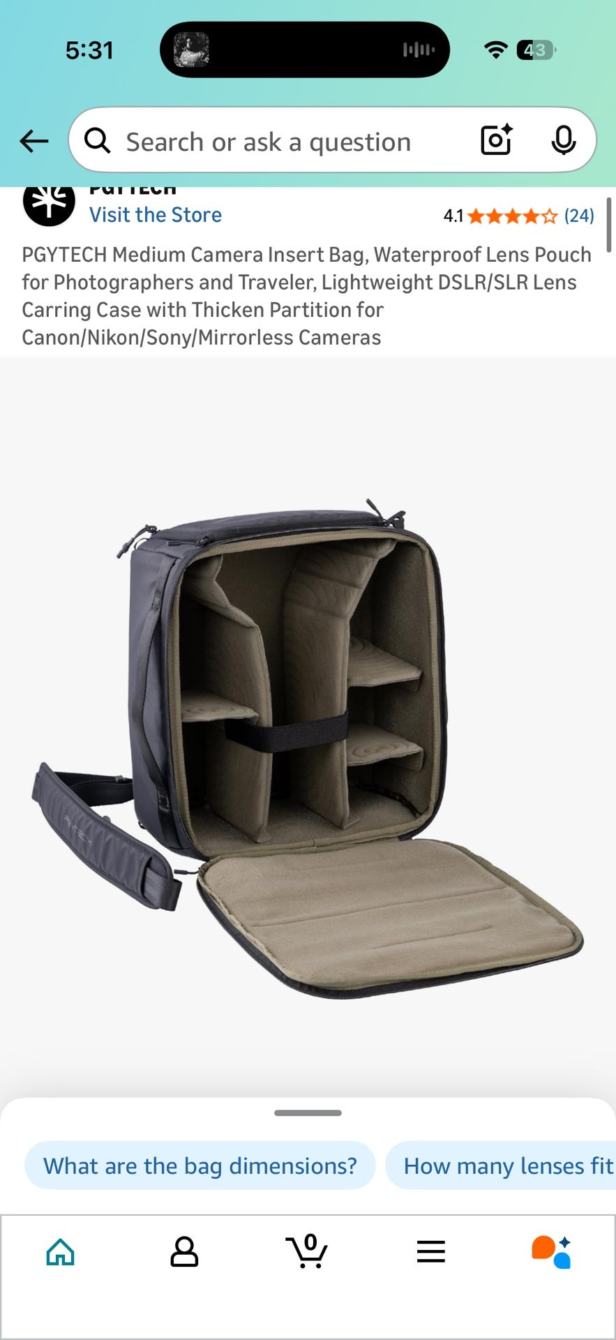 PGYTECH Medium Camera Insert Bag, Waterproof Lens Pouch for Photographers and Traveler, Lightweight DSLR/SLR Lens Carring Case with Thicken Partition