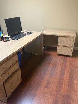 Commercial L-Shaped Office Desk with File Cabinets – Excellent Condition