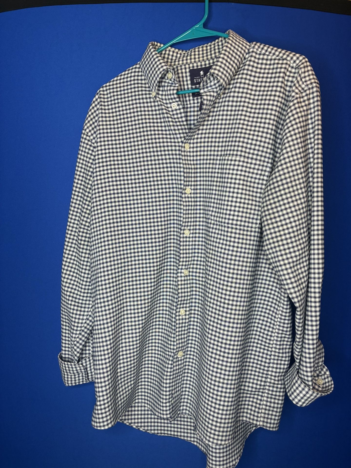 White and dark navy blue Mens plaid button-up shirt