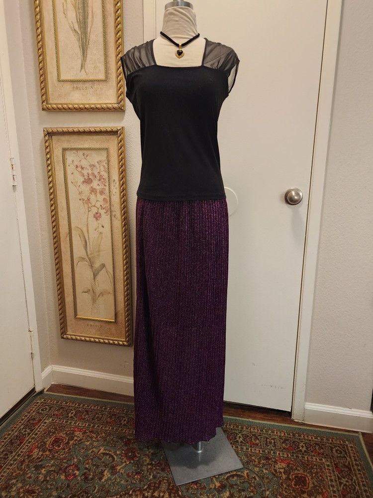 Crown Of Hearts Purple Metallic Flowy Textured A-line Maxi Skirt Size M New