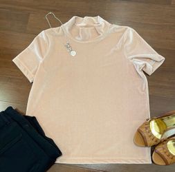 Madewell Beige Velvet Mock Neck Short Sleeve Top XXS