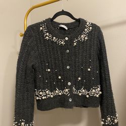 Gray Cardigan With Pearls 