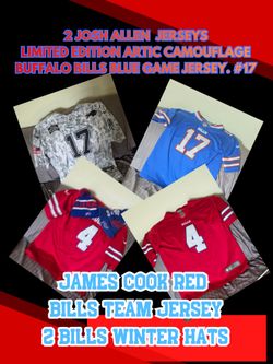 Buffalo Bills Jersey & Winter Hat Bundle – Josh Allen #17 Limited Edition Arctic Camo + Blue Game Jersey + James Cook #4 Red Jersey + 2 Bills Beanies