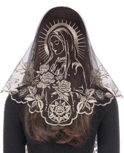 Bozidol Our Lady of Guadalupe Catholic Mantilla Chapel Veil Black Gold Lace