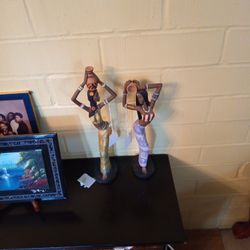 Two 12-in African Women Caring  Water Pot Statue