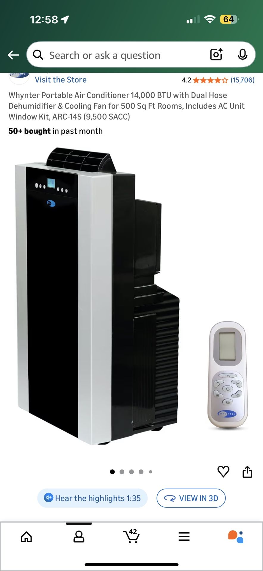 Whynter Portable Air Conditioner 14,000 BTU – Dual Hose – Complete Set w/ Remote & Window Kit