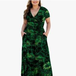 COSSON Plus Size Green Leaf Maxi Dress – NEW with Tags