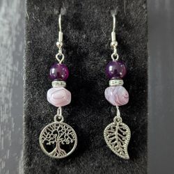 Purple Jade Tree & Leaf Dangle Earrings