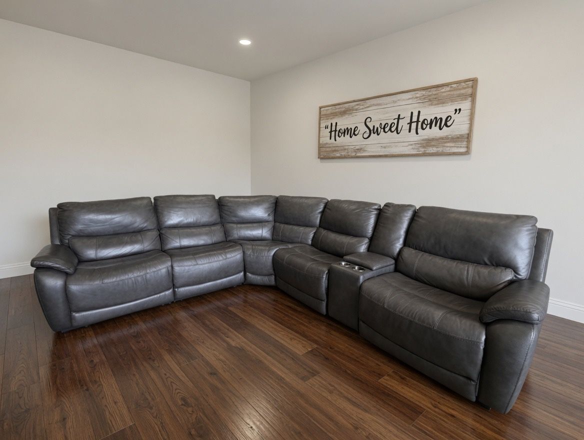 Grey Leather Power Reclining Sectional