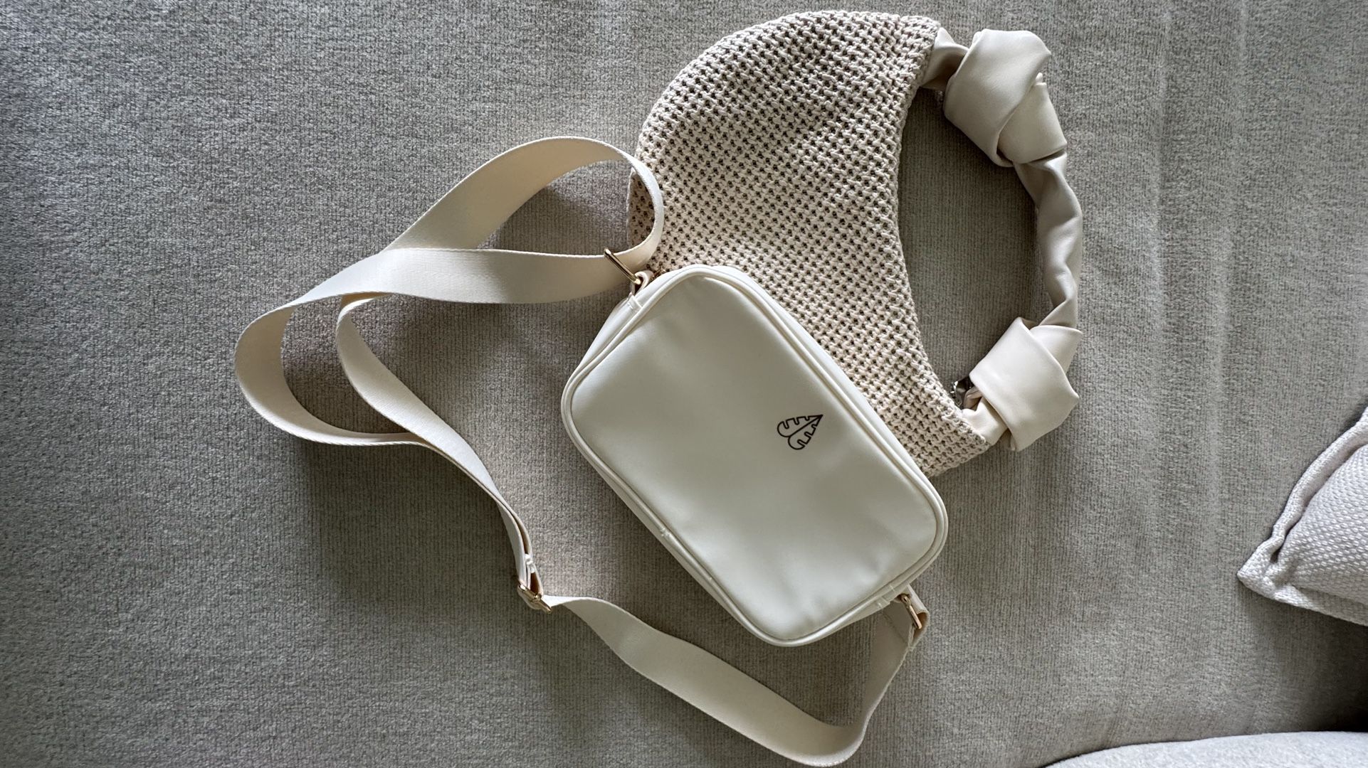 Off White Fabric Shoulder Bad And Beige Crochet Mini Purse