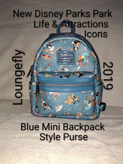New Loungefly Disney Parks Park Life & Attractions Icons Blue Mini Backpack Style Purse