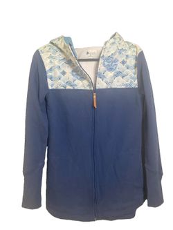 Salmon Sisters Women Medium Full Zip Hoodie Navy Wave Print Leather Patch Alaska