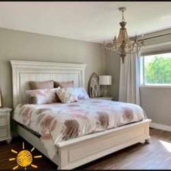 Whitewash Kanwyn 7 Piece Panel Bed, Dresser, Mirror ,2 Nightstands Bedroom Set ☄️ Brand New✨ Delivery Available👍$39 Down Payment💰