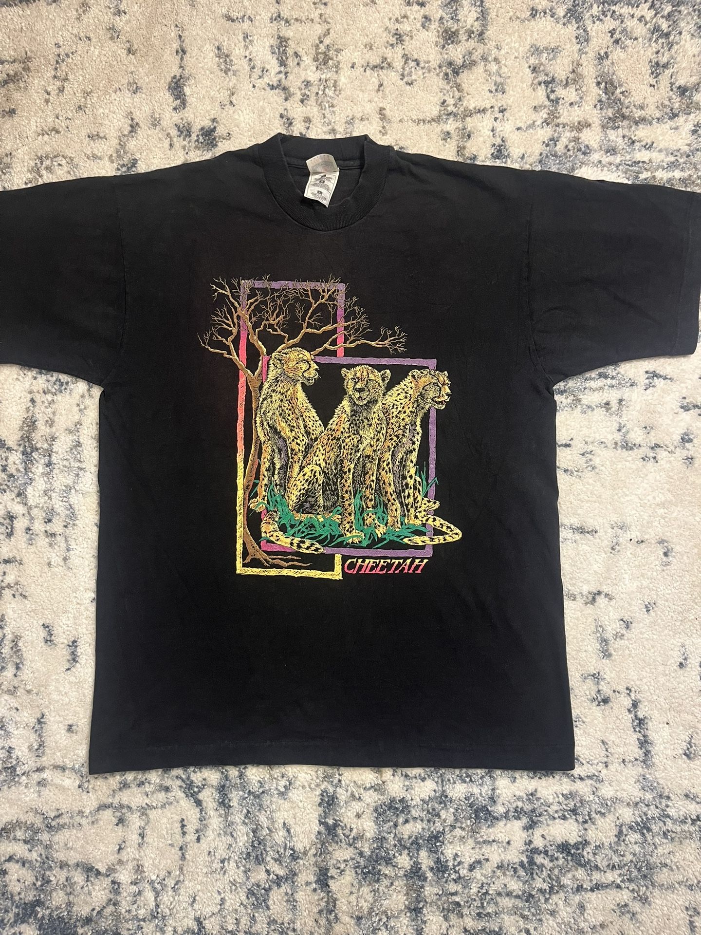 Vintage Cheetah Big Cat Neon Graphic T-Shirt Single Stitch Adult Large 90s