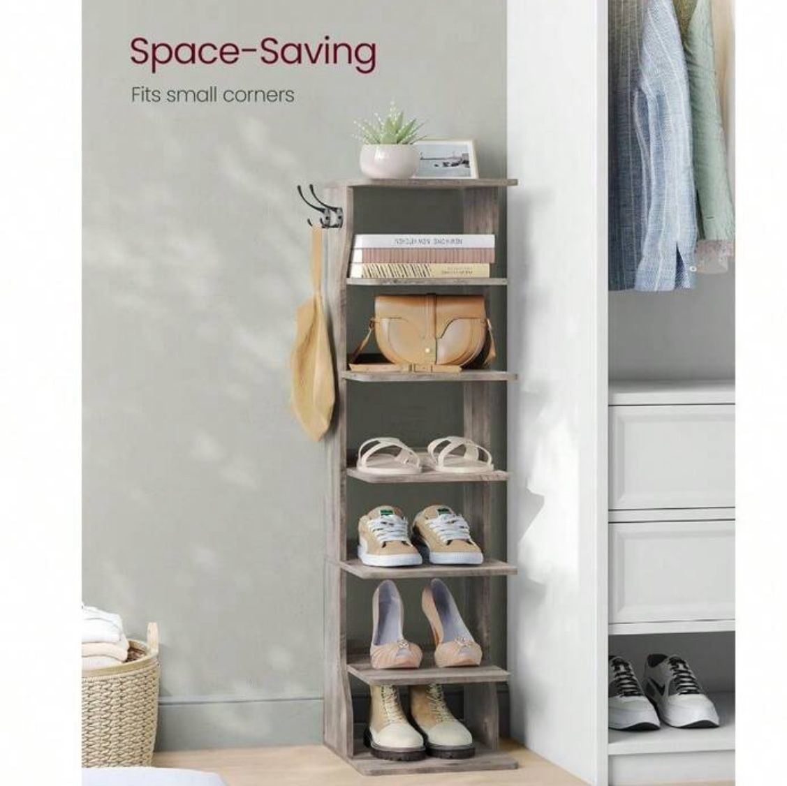 7-Tier Vertical Shoe Rack Narrow Shoe Storage Organizer With Hooks Slim Corner Shoe Tower Rack Space Saving For Entryway And Bedroom Heather Greige UL