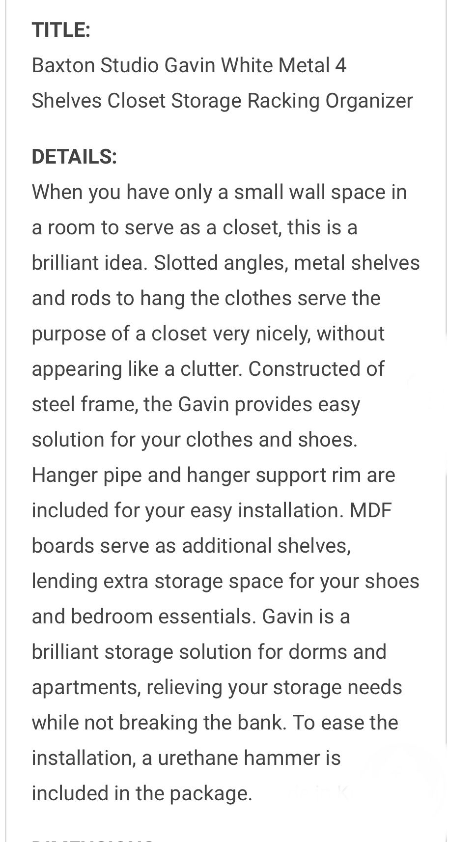 Baxton Studio Gavin White Metal 4-Shelf Closet Storage Racking Organizer