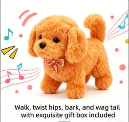 Interactive Robotic Dog Plush Toy Electric Pet Brown Polka Dots Bow Tie for Kids Seniors + Battery Bone Box