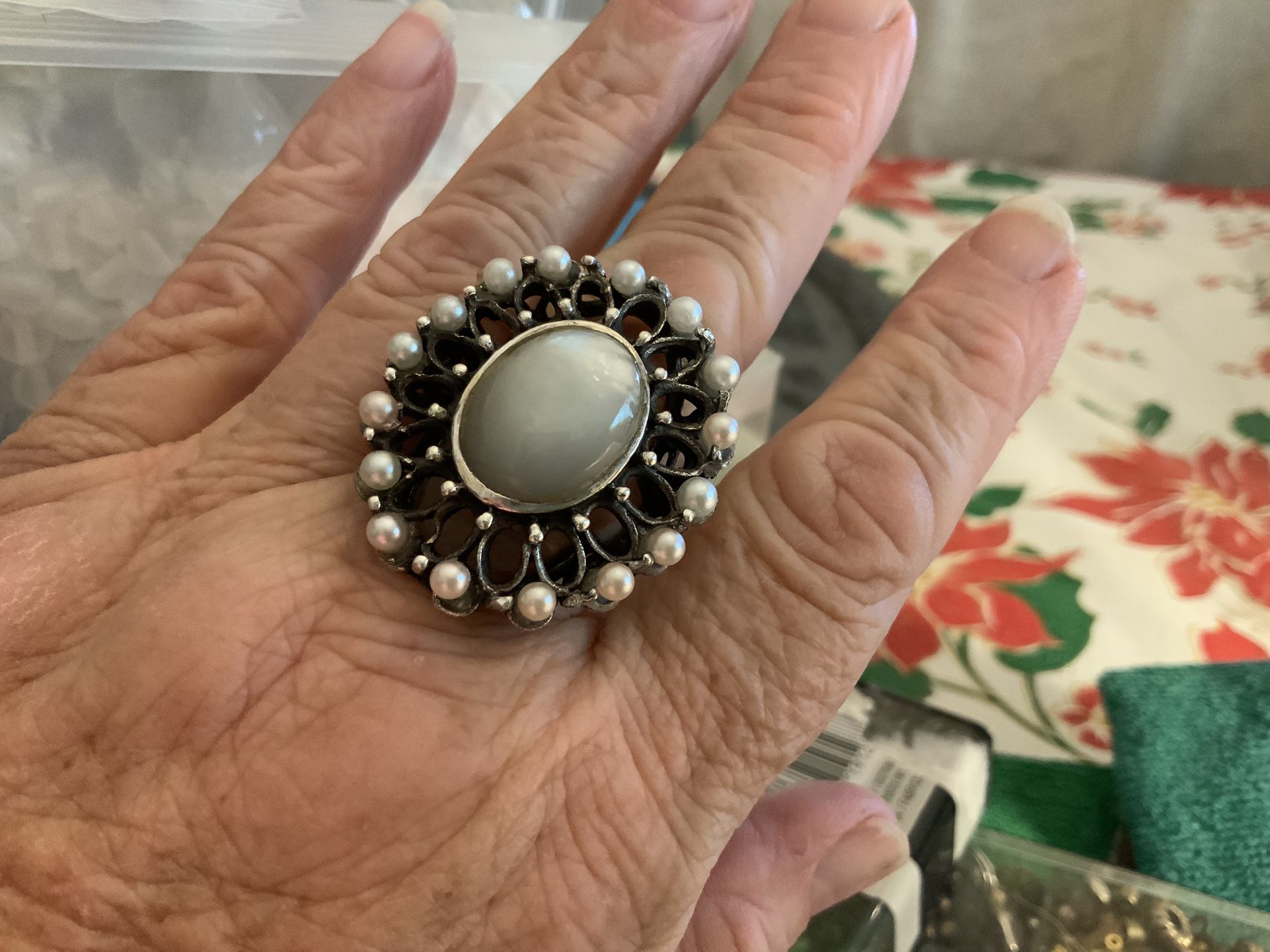 Antique Silver Ring Mother-Of-Pearl Free Shipping 