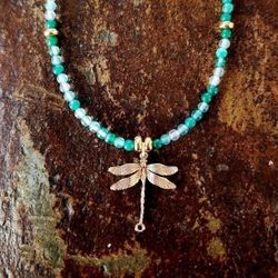 Green Onyx & Gold Dragonfly Necklace