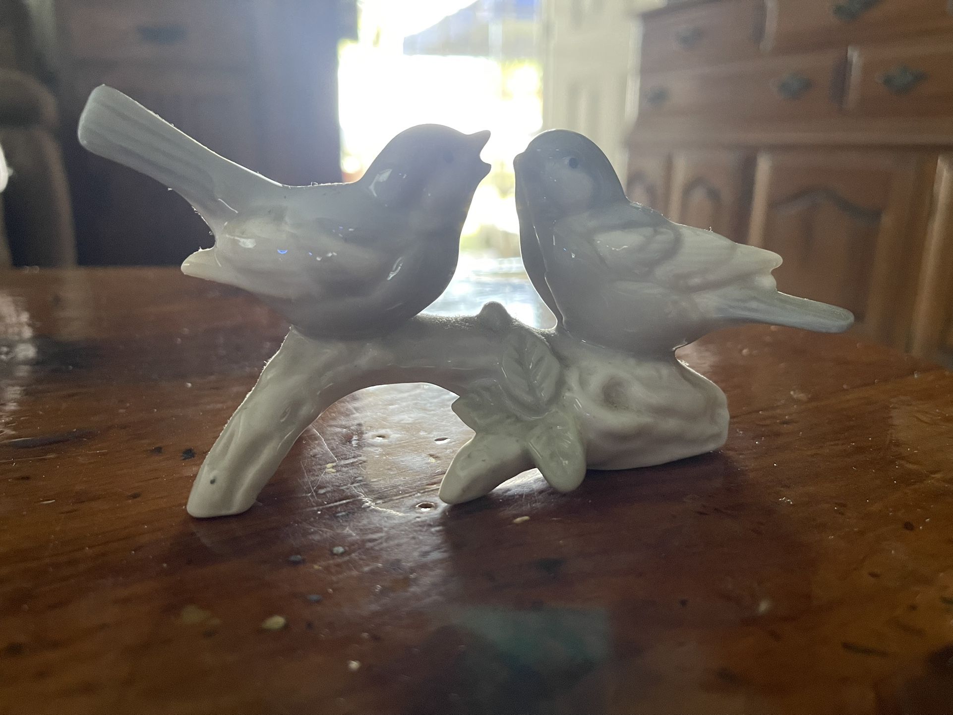 Vintage 5.5" Two Blue Pastel Love Birds on a Branch Hollow Porcelain Ceramic Figurine