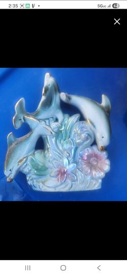 Ceramic Dolphin Figurine with Floral Base