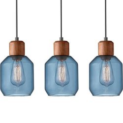 3 Blue Clear Glass Shade Hanging Pendant Lights 