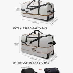 Rolling Duffle Bag with Wheels,110L/140L Expandable Soft-Sided Foldable Grey. 