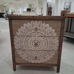 LuxenHome Wood Carved Medallion Three-Drawer Chest,Nightstand,White Distress