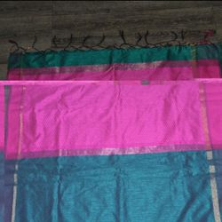 Women’s Pink & Teal Silk Sari/Saree with Gold Border and Black Tassels.