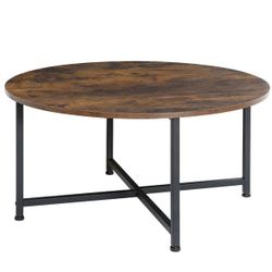 HomGarden 31.5-Inch Industrial Round Coffee Table with X-Base Metal Legs, Sofa Side Table Retro Cocktail Table for Home Office, Living Room, Rustic Br