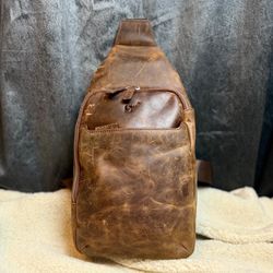 Vintage Brown Genuine Leather Sling Backpack Crossbody Bag Distressed Casual
