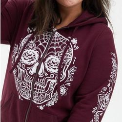 Torrid 1X Burgandy Skull Hoodie