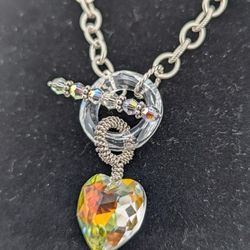 925 PEY Necklace Oval Hammered Link Puffy Crystal Heart Pendant Toggle Closure 17"