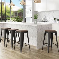 Set Of 4 Stackable Metal Bar Stools, Backless With Wooden Seats