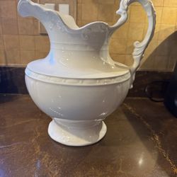 Vintage Kermit MFG. CO. Ironstone large handled pitcher white 12" H stoneware