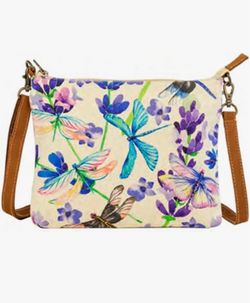 Dragonflies Serenade Canvas Watercolor Floral Sling Crossbody Bag with Leather Strap, NEW.