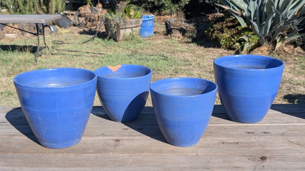 Set of 4 Blue Glazed Terracotta Planters 10.5" and 9" Outdoor Garden Flower Pots(one has damage)