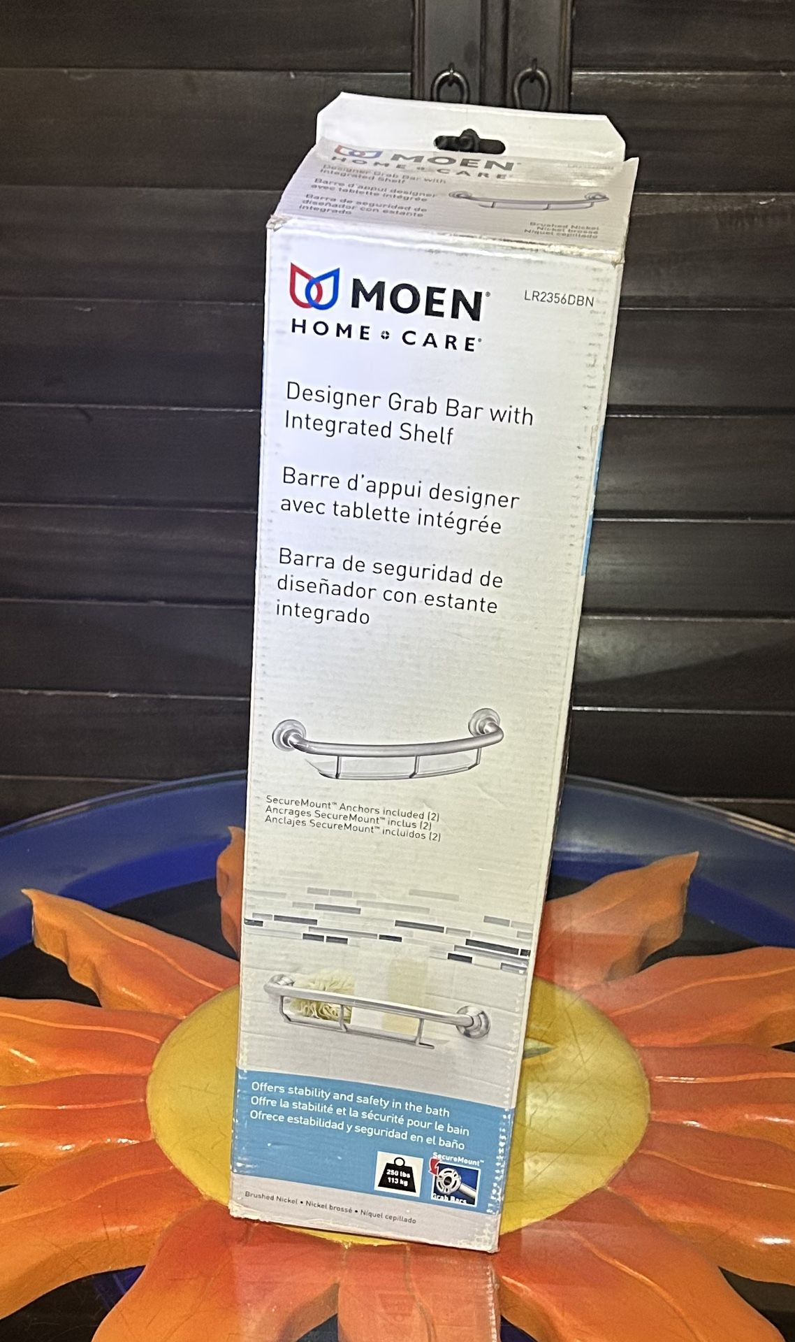 Moen LR2356DBN Bathroom Safety 16-Inch Screw-in Curved Bathroom Grab Bar with Built-in Shelf, Brushed Nickel