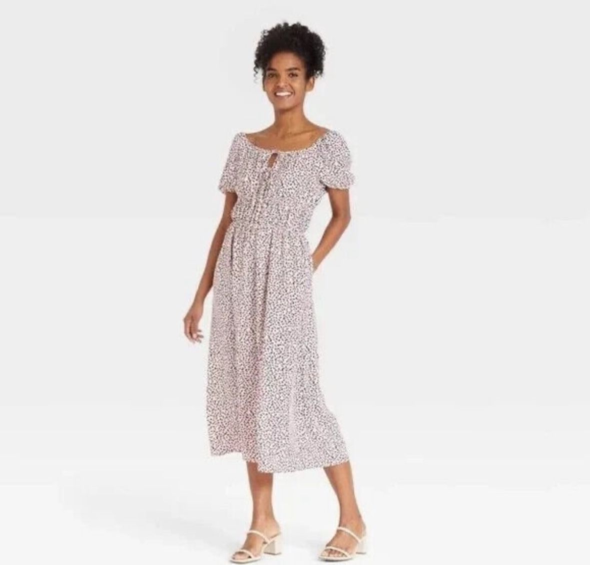 NWT Who What Wear Pink/Black Mini Leaves Puff Sleeve Smocked Dress