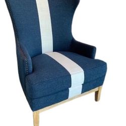 New Tommy Hilfiger Wing Chair 32”W x 33”D x 46”H/19”H seat - upholstered in a soft yet durable blue and cream linen blend fabric white washed wooden l