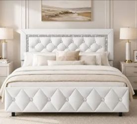 White faux leather headboard and foot board