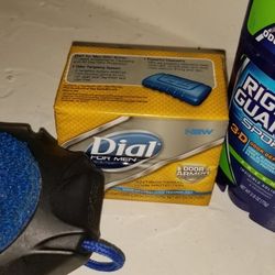 NEW- Package Deal  Of 3 /Right Guard Sports Deodorant , Dial For Men Odor Armor Soap pig Of 2 , Scrubber - All Three For $20. 